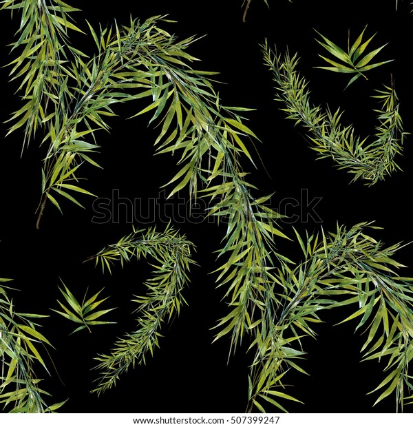 Watercolor Illustration Bamboo Leaves Seamless Pattern Stock