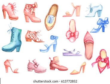 Watercolor Illustration Set Beautiful Shoes Stock Illustration