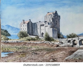 Watercolor Painting Castle Scotland Stock Illustration