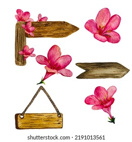 Watercolor Set Vintage Wooden Signs Flowers Stock Illustration