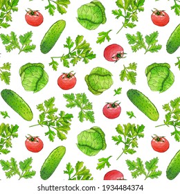 Watercolor Vegetable Seamless Pattern On White Stock Illustration