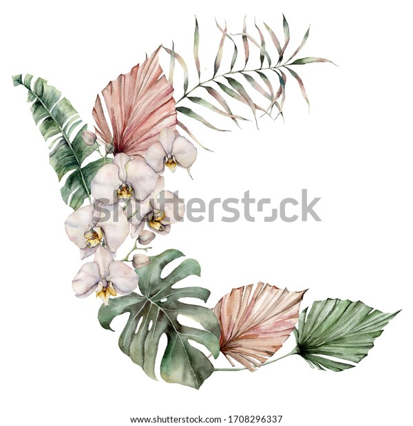 Watercolor Wreath White Orchids Monstera Palm Stock Illustration