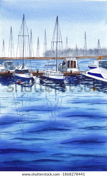 Yachts Port Seascape Hand Painted Watercolor Stock Illustration