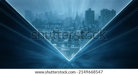 Abstract bright night city wallpaper with light rays. Landing page and website concept