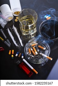 Addictive Substances Including Alcohol Cigarettes Drugs Stock Photo