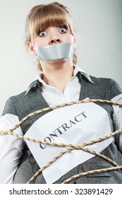 Afraid Businesswoman Bound By Contract Terms Stock Photo 323891429