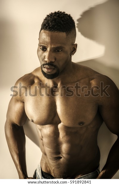 African American Bodybuilder Man Naked Muscular Stock Photo