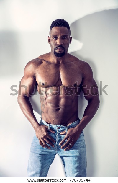 African American Bodybuilder Man Naked Muscular Torso Wearing Jeans