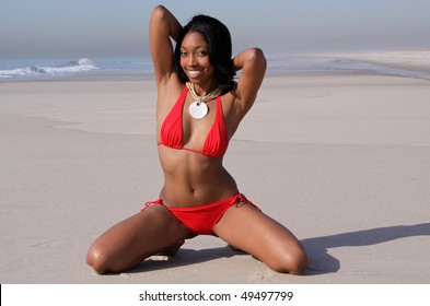 African American Woman Red Bikini Posing Stock Photo