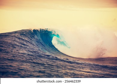 Amazing Ocean Wave Breaking Sunset Epic Stock Photo