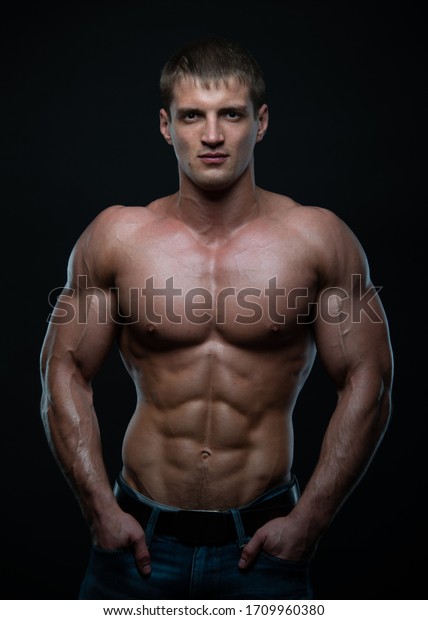 Athletic Shirtless Male Model Flexing Muscles Stock Photo Edit Now