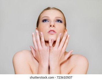 Attractive Blonde Topless Woman Dark Eye Stock Photo