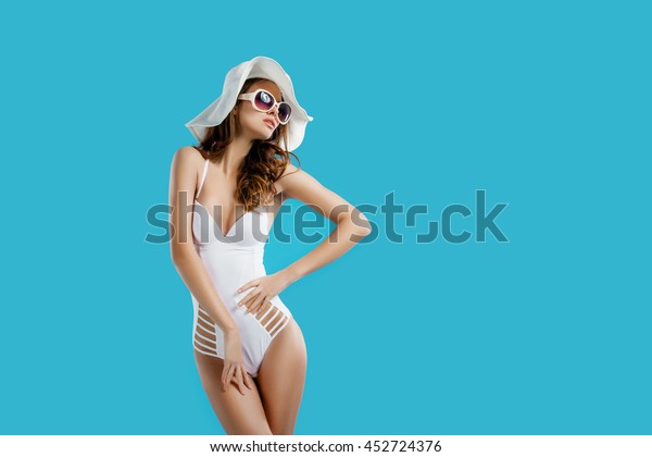 Attractive Girl White Bikini Hat Sunglasses Stock Photo 452724376