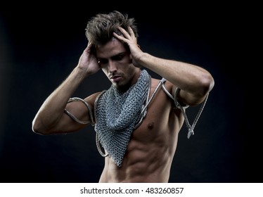 Attractive Naked Man Abdominal Chain Mesh Stock Photo