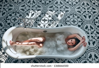 Attractive Sexy Woman Lying Naked Bath Stock Photo