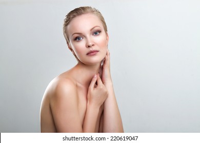 Beautiful Nude Blond Woman Standing Sideways Stock Photo