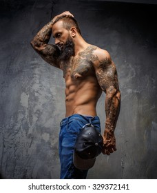 Awesome Tattooed Bearded Man Naked Torso Stock Photo