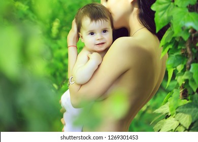 Baby Mother Hugging Kissing Nude Portrait Stock Photo