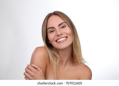 Beautiful Blond Woman Naked Shoulders Smiling Stock Photo 707012605