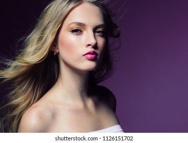 Beautiful Blonde Woman Over Purple Background Stock Photo 1126151702