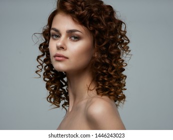 Beautiful Face Curly Hair Naked Shoulders Stock Photo