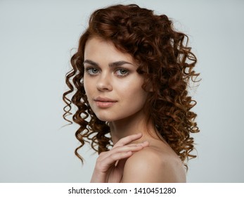 Beautiful Female Face Naked Shoulders Curly Stock Photo