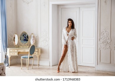 Beautiful Girl Sexy Brunette White Dress Stock Photo