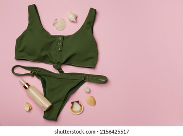 Beautiful Green Bikini On Color Background Stock Photo 2156425517