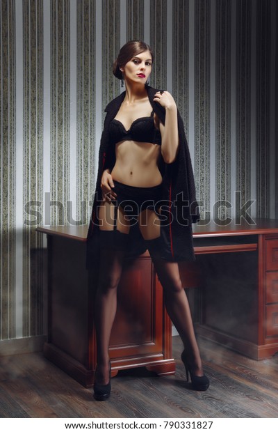 Beautiful Lady Black Lingerie Stockings Suspender Stock Photo