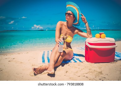 Woman Bikini Sunbathing On Beach Exuma Stock Photo Edit Now