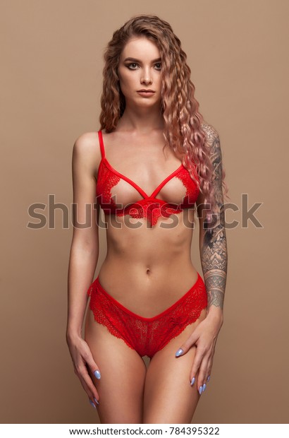 Beautiful Longhaired Woman Posing Red Lingerie Stock Photo 784395322