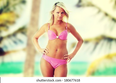 Beautiful Model Pink Bikini Posing Outdoor Stock Photo 180677618