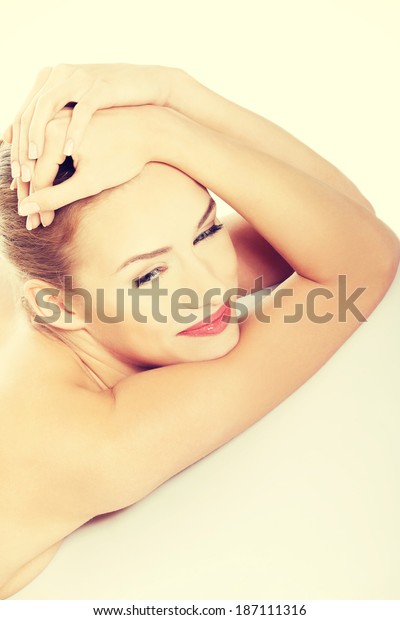 Beautiful Naked Topless Caucasian Woman Lying Stock Photo 187111316