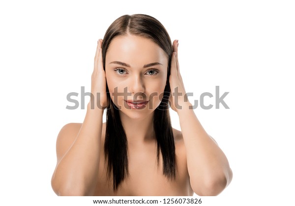 Beautiful Naked Woman Closing Ears Smiling库存照片1256073826 Shutterstock