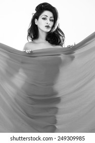 Beautiful Naked Woman Hiding Behind Cloth Foto Stok 249309985