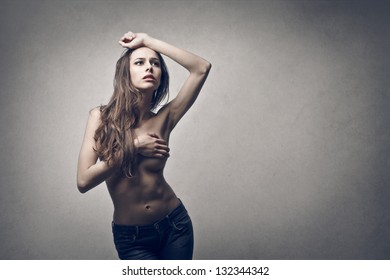 Beautiful Naked Woman On Gray Background Foto Stock