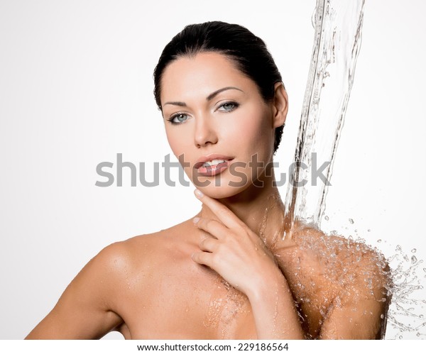 Beautiful Naked Woman Wet Body Splashes Stock Photo