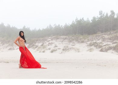 Beautiful Nude Woman Red Fabric Posing Stock Photo