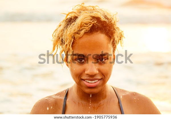 Beautiful Portrait African American Surfer Woman Stock Photo 1905775936