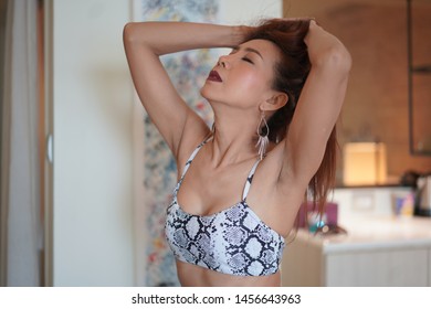 Beautiful Sexy Woman Bikini Posing Room Stock Photo