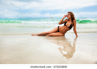 Beautiful Slender Woman Bikini Against Sea Stock Photo