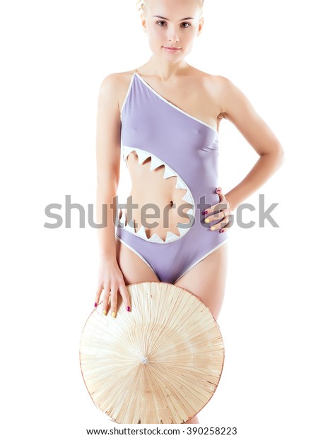 Beautiful Slim Model Gray Swimsuit Nude Stock Photo 390258223