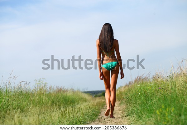 Beautiful Slim Model Green Bikini Walking Stock Photo Edit Now 205386676