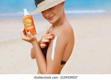 Beautiful Woman Bikini Applying Sun Cream Stock Photo