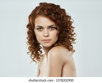 Beautiful Woman Curly Hair Naked Shoulders Stock Photo