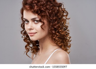 Beautiful Woman Naked Shoulders Curly Hair Stock Photo