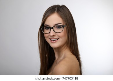 Beautiful Woman Glasses Naked Shoulders Smiling Stock Photo 747903418
