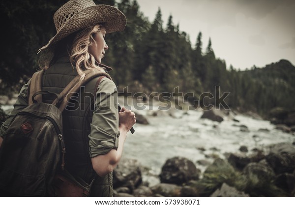 Beautiful Woman Hiker Near Wild Mountain Stock Photo 573938071