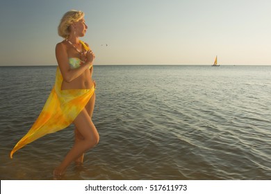 Beautiful Woman Model Bikini Pareo Beach Stock Photo