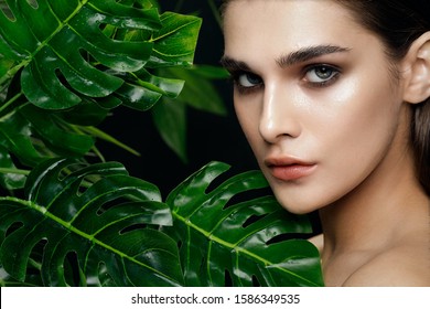 Beautiful Woman Naked Shoulders Palm Leaves Stock Photo 1586349535